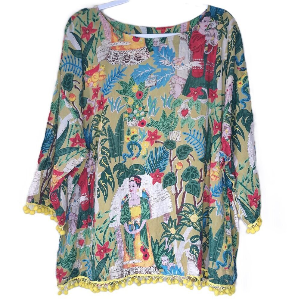 Floral Frida Kahlo Print Top Cotton Pom Pom Fringe 3/4 Sleeve